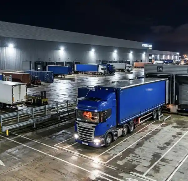 HGV lorry at a Cambridge distribution centre during night shift operations